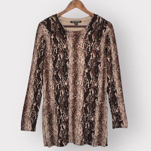 Boston Proper Tunic Top‎ Women S Brown Animal Print Long Sleeve Round Neck V82